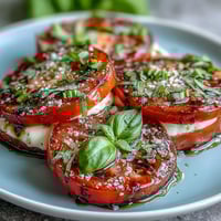 Fresh Caprese Salad with Basil Oil Drizzle showcasing ripe tomatoes, creamy mozzarella, and aromatic basil oil on a white platter.
