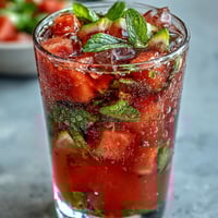 A tall glass of vibrant Watermelon Mint Lemonade with fresh mint sprigs and lemon slices, perfect for cooling off on a hot summer day.