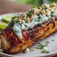 Grilled corn on the cob coated in creamy elote sauce with Cotija cheese and chili powder.  