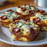 Golden-brown High-Protein Pepperoni Breakfast Cups fresh from the oven, revealing bubbly mozzarella and savory pepperoni tucked inside fluffy egg frittatas.