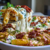 A bubbling sun-dried tomato pasta bake with melted mozzarella and fresh basil, perfect for a cozy family dinner.  