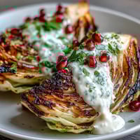 Smoky grilled cabbage wedges drizzled with creamy tahini sauce, garnished with fresh parsley and pomegranate seeds.  