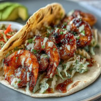 Plump honey garlic shrimp sizzling in a skillet, nestled in warm tortillas with crunchy cabbage slaw and lime crema.
