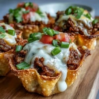 Crispy mini taco cups in wonton wrappers, golden brown with melted cheese topping.