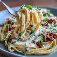 Creamy sun-dried tomato alfredo pasta, a rich Italian-American dish glistening with Parmesan.
