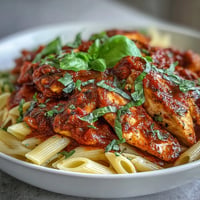 Creamy Tomato Basil Chicken Pasta, a rich and comforting Italian dish.