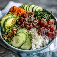 Colorful canned tuna poke bowl with fresh avocado and zesty dressing.