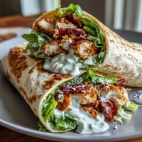 Golden brown crispy chicken Caesar wraps stacked high, ready for lunch.