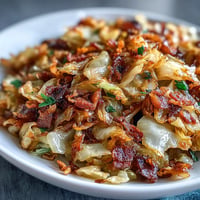 Golden fried cabbage with bacon and onions, a tender Southern side dish.