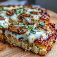Golden Leftover Rice Pizza Crust with melted cheese and toppings baking.