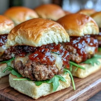 Juicy Peach Bourbon BBQ Meatloaf Sliders slathered in sweet, smoky sauce on soft buns.
