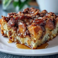 Golden Apple Cider Donut French Toast Casserole, baked with sweet streusel.