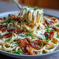 Creamy fettuccine with crispy bacon, tender cabbage, and rich Alfredo sauce.