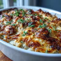 Golden French Onion Chicken Rice Bake bubbling with melted cheese.